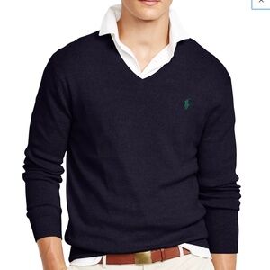 Polo Ralph Lauren Pima V-Neck Merino Wool Sweater Size Large Navy Blue